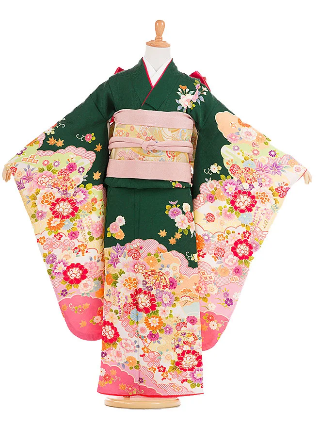 7歳女の子 正絹 緑 四季の花々 7854
