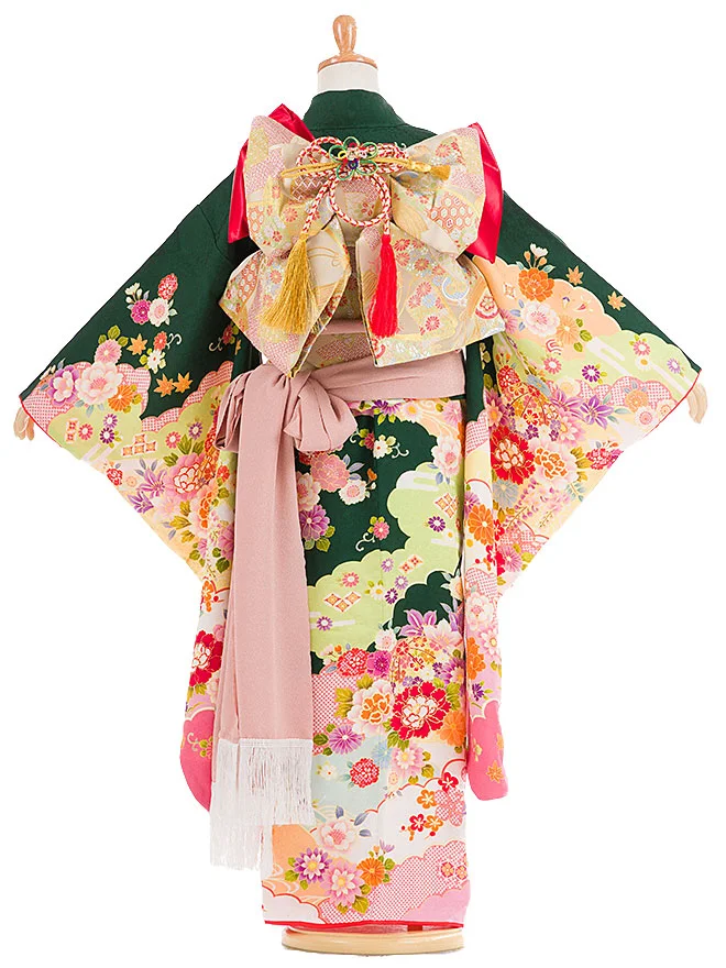 7歳女の子 正絹 緑 四季の花々 7854