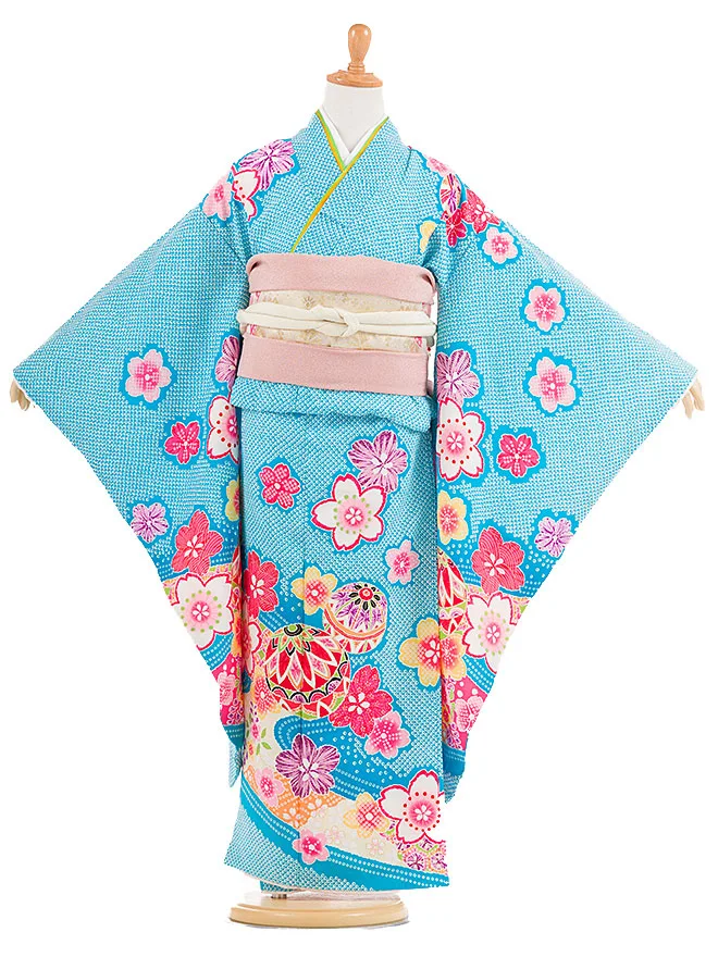 【正絹】7歳 女の子 結び帯 水色 毬桜  7868