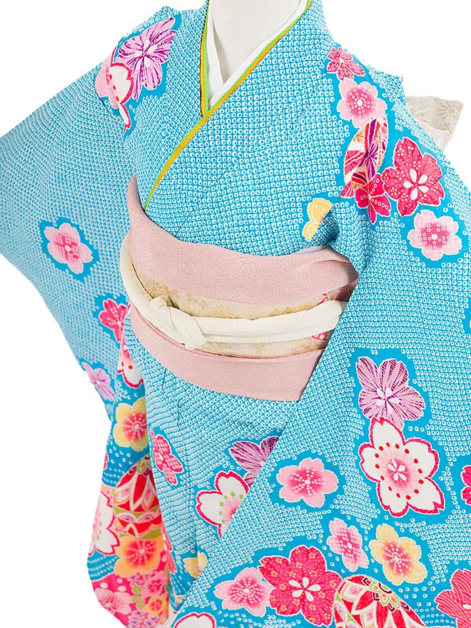 【正絹】7歳 女の子 結び帯 水色 毬桜  7868