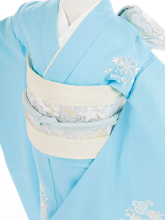 7歳女児結び帯 水色 刺繍 7888