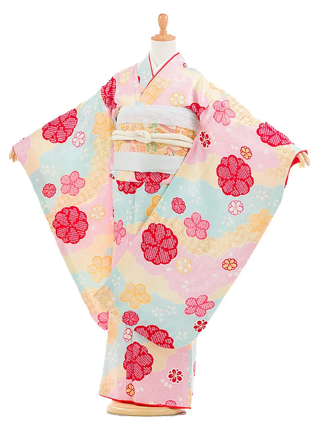 7歳女の子 袋帯 正絹 桜 水色  7896