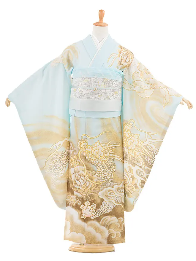 7歳女の子 結び帯 ヤマト娘 金彩 龍 水色 7904