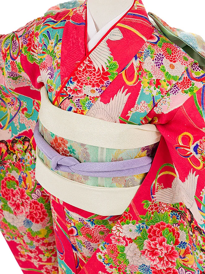ｱﾝﾃｨｰｸ 7歳女の子 ﾋﾟﾝｸ 飛鶴に可憐な花薬玉 7912