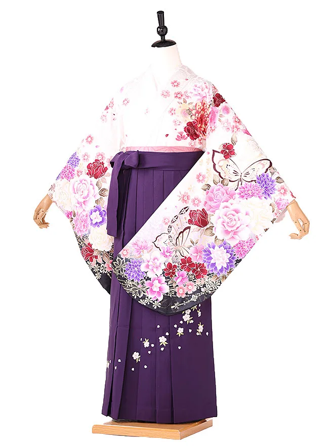 小学生卒業式女袴 白 蝶薔薇柄 0236