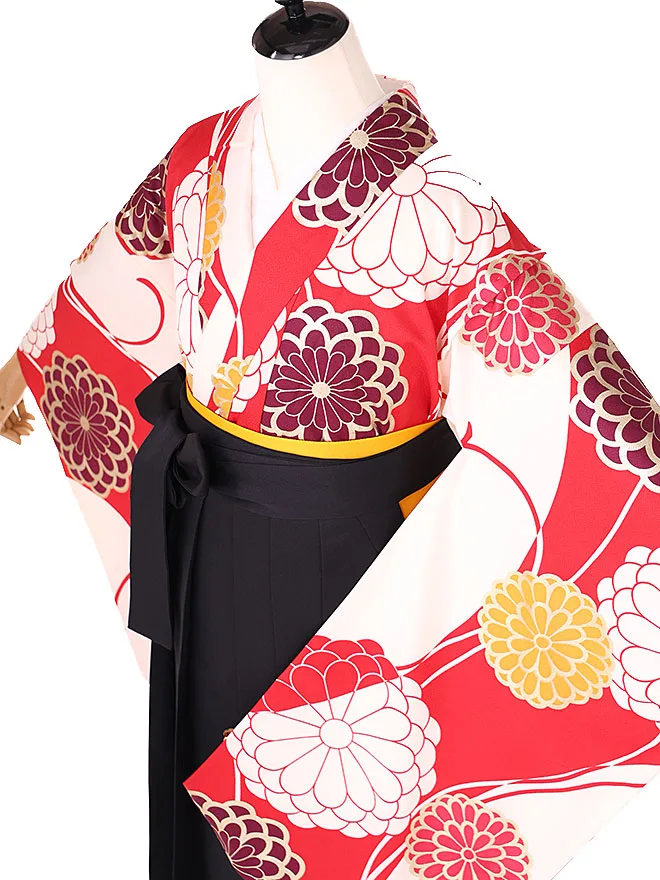 小学生卒業式女袴 ベージュ×赤 モダン 0238