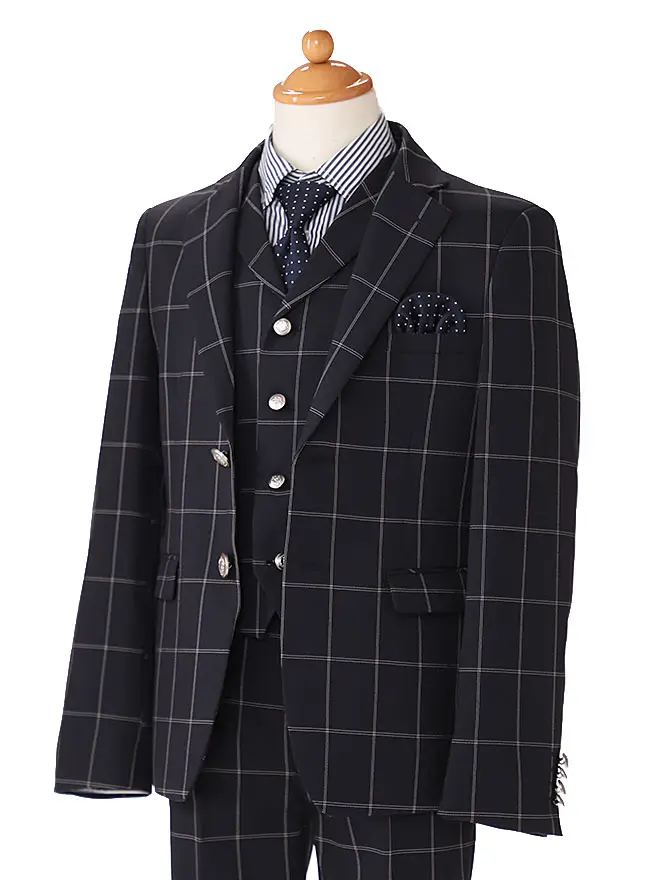 [男児スーツ]長ズボン/黒チェック/ドット柄ネクタイ0001 150