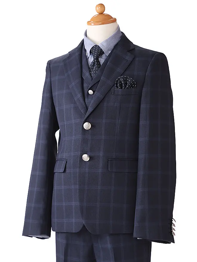 [男児スーツ]長ズボン/紺ﾁｪｯｸ/水玉ネクタイ0008 160