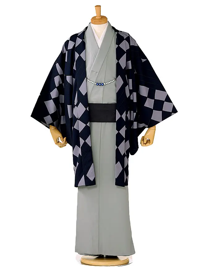 男きもの 羽織着物 グレー×紺 61