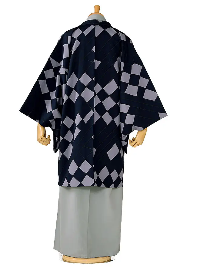 男きもの 羽織着物 グレー×紺 61