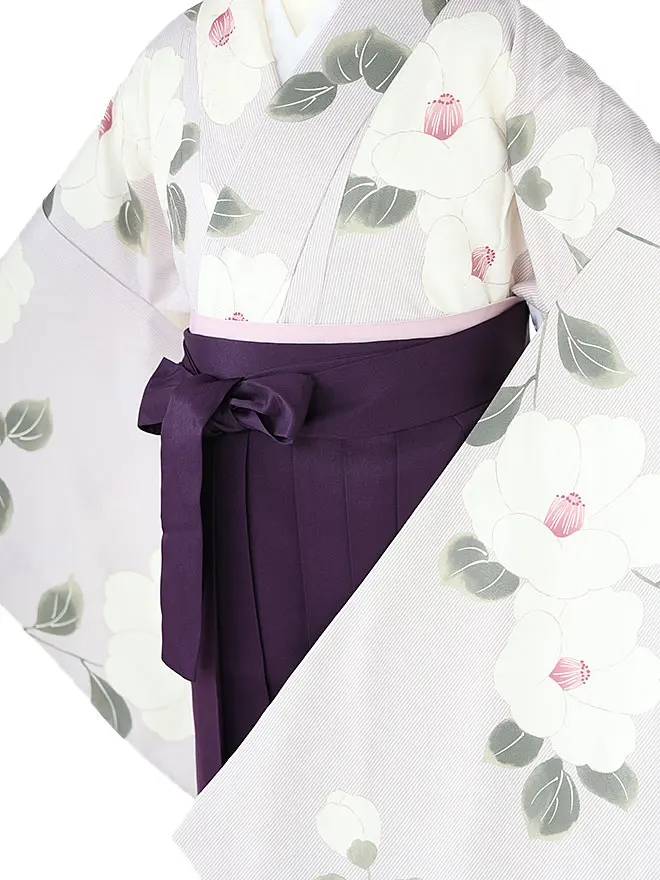 卒業式袴ﾚﾝﾀﾙ 教員向け ｸﾞﾚｰ地ﾌﾞﾗｳﾝｽﾄﾗｲﾌﾟ 椿 0041