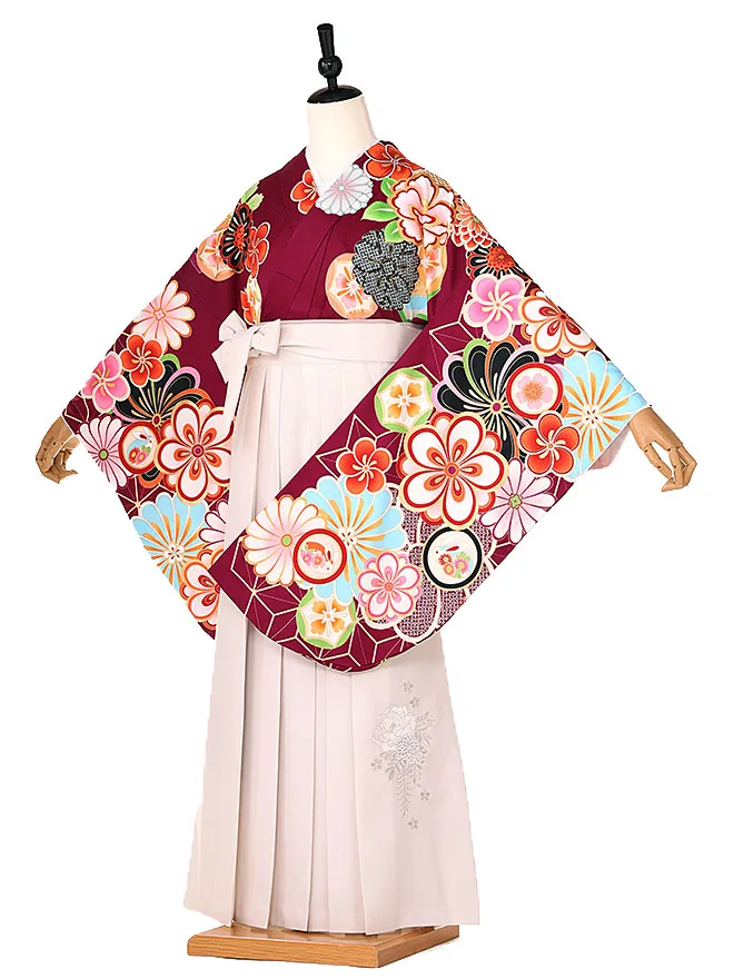 小学生卒業式かんたん袴(女の子) 赤紫ねじり梅 ベージュ牡丹 002