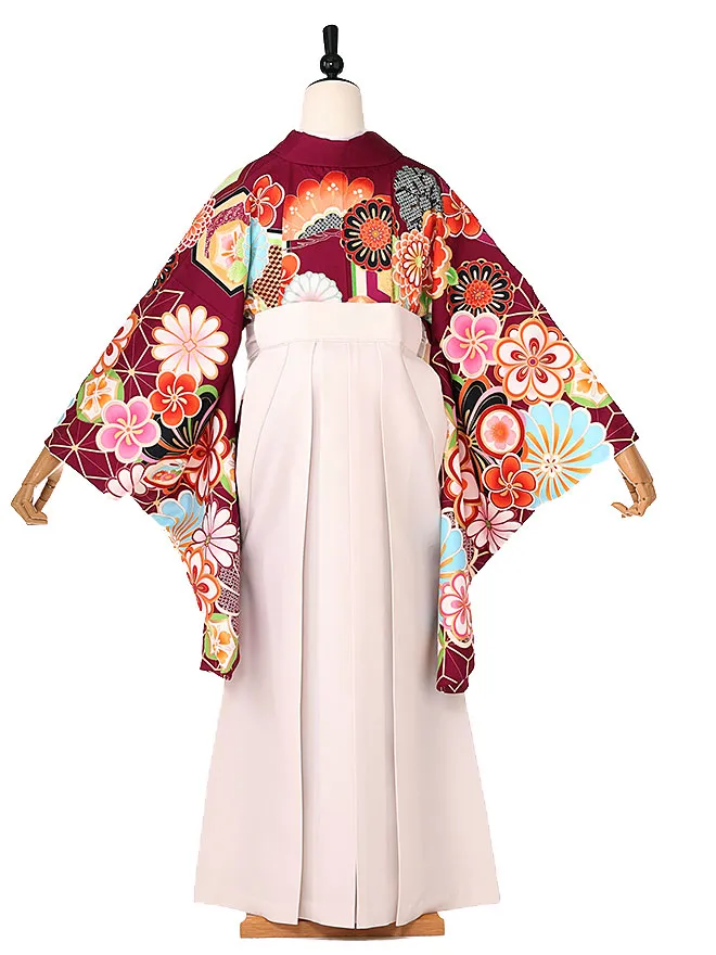 小学生卒業式かんたん袴(女の子) 赤紫ねじり梅 ベージュ牡丹 002