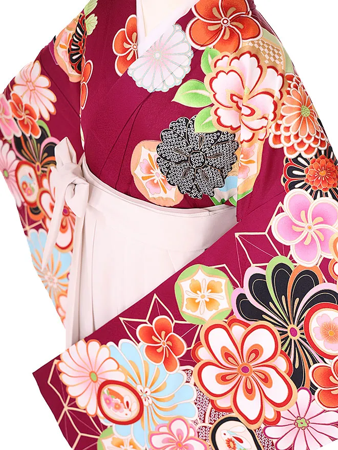 小学生卒業式かんたん袴(女の子) 赤紫ねじり梅 ベージュ牡丹 002