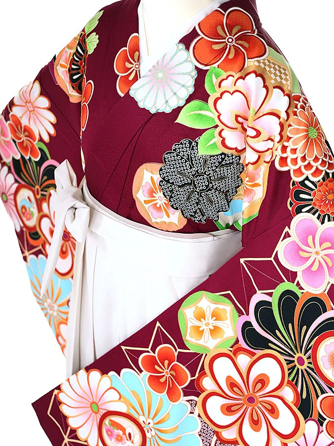 小学生卒業式かんたん袴(女の子) 赤紫ねじり梅 ベージュ牡丹 002