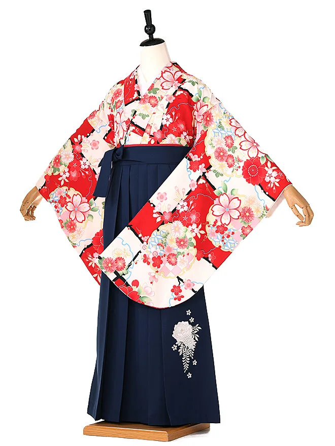 小学生卒業式かんたん袴(女の子) 赤地古典桜 ネイビー牡丹 003
