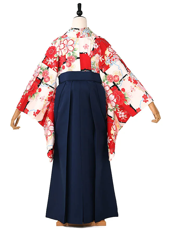 小学生卒業式かんたん袴(女の子) 赤地古典桜 ネイビー牡丹 003