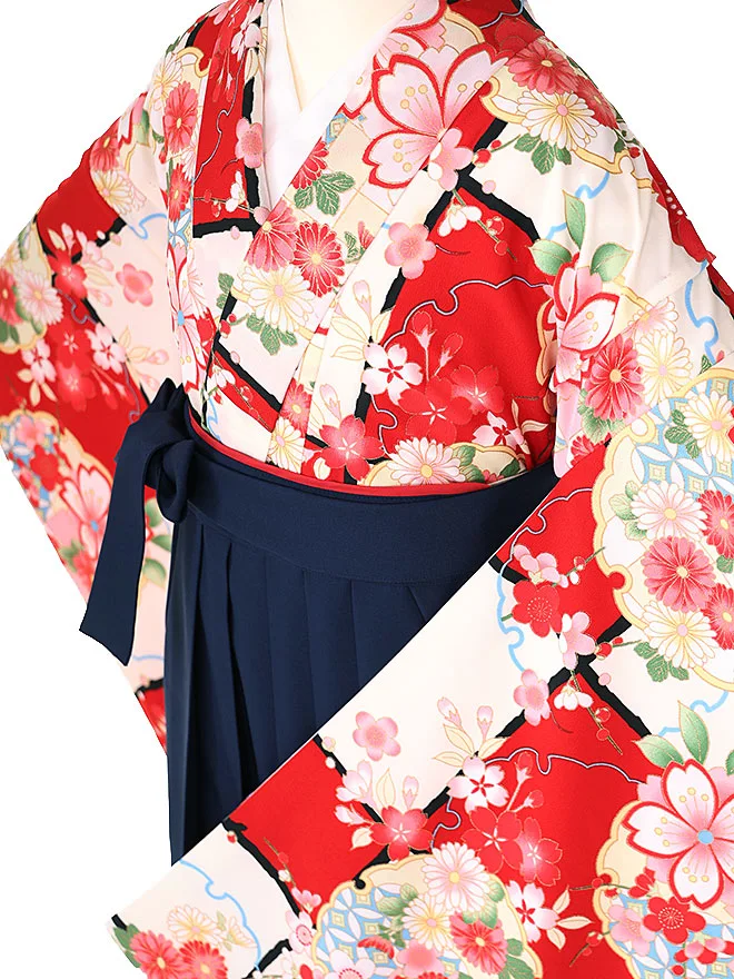 小学生卒業式かんたん袴(女の子) 赤地古典桜 ネイビー牡丹 003