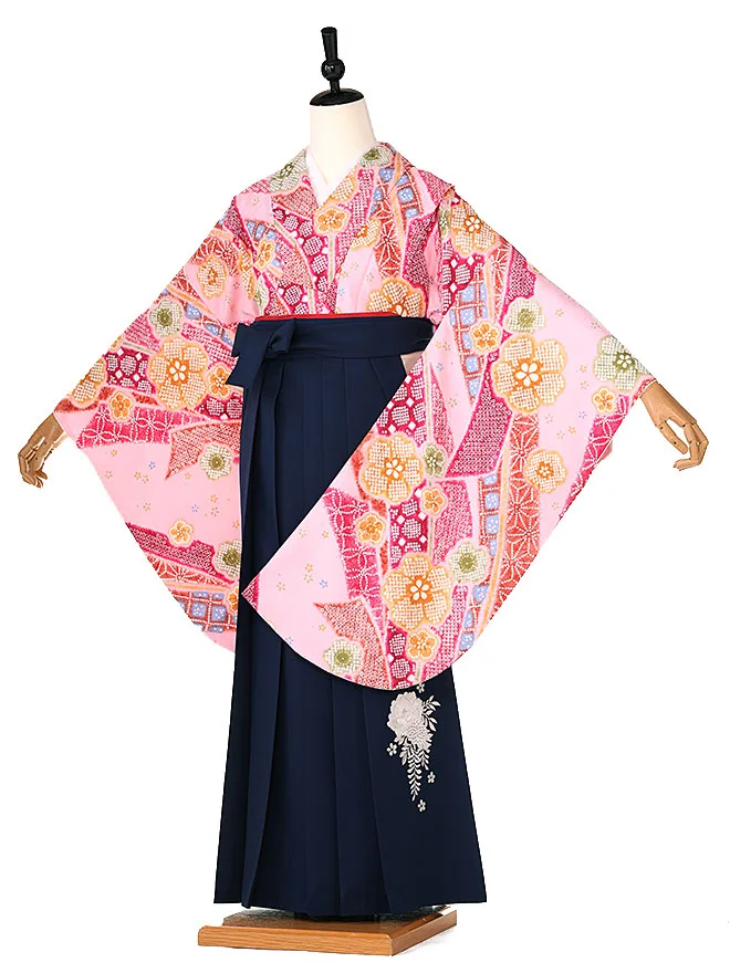 小学生卒業式かんたん袴(女の子) ピンク地疋田柄 熨斗桜 ネイビー牡丹 005