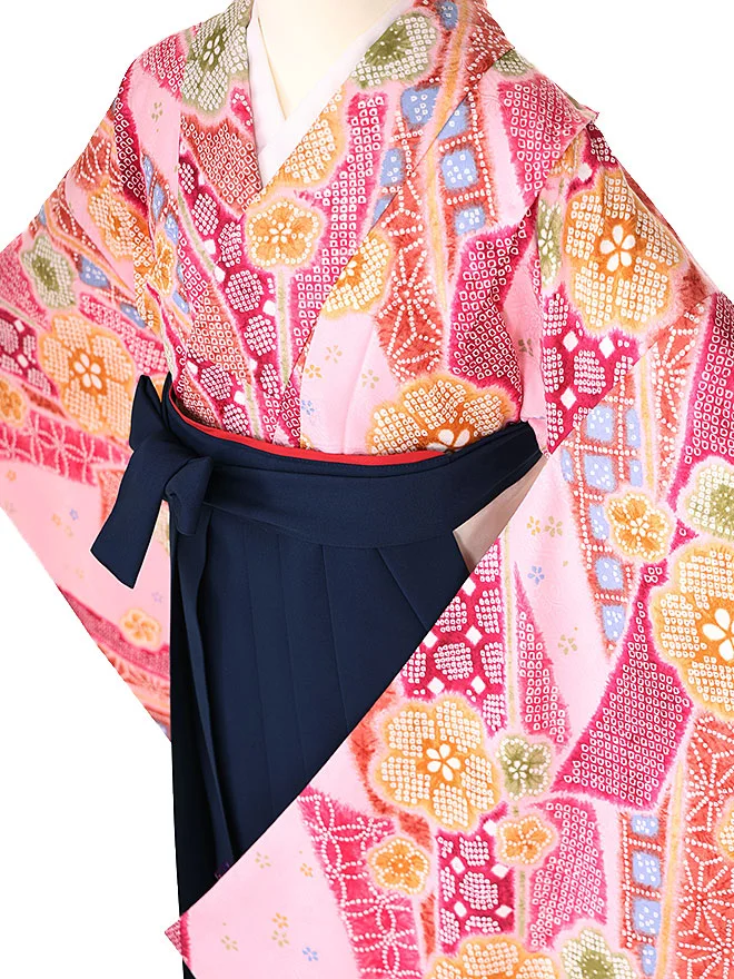 小学生卒業式かんたん袴(女の子) ピンク地疋田柄 熨斗桜 ネイビー牡丹 005