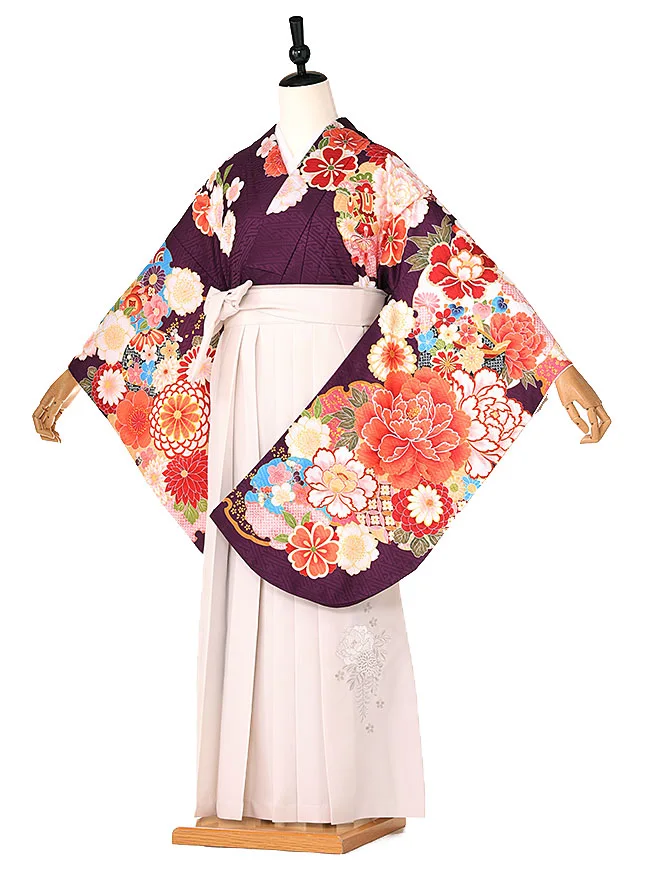 小学生卒業式かんたん袴(女の子) 紫地古典華づくし ベージュ牡丹 006