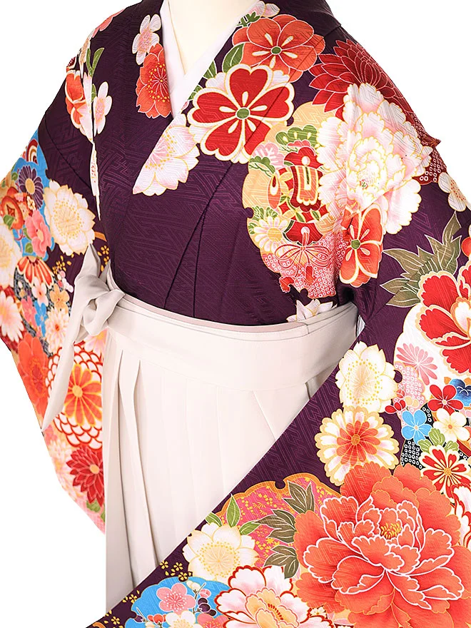 小学生卒業式かんたん袴(女の子) 紫地古典華づくし ベージュ牡丹 006