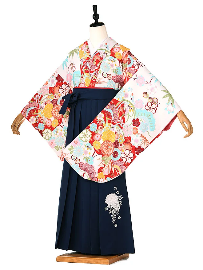 小学生卒業式かんたん袴(女の子) 白古典華絢爛 ネイビー牡丹 007