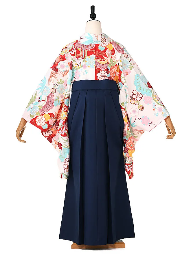 小学生卒業式かんたん袴(女の子) 白古典華絢爛 ネイビー牡丹 007