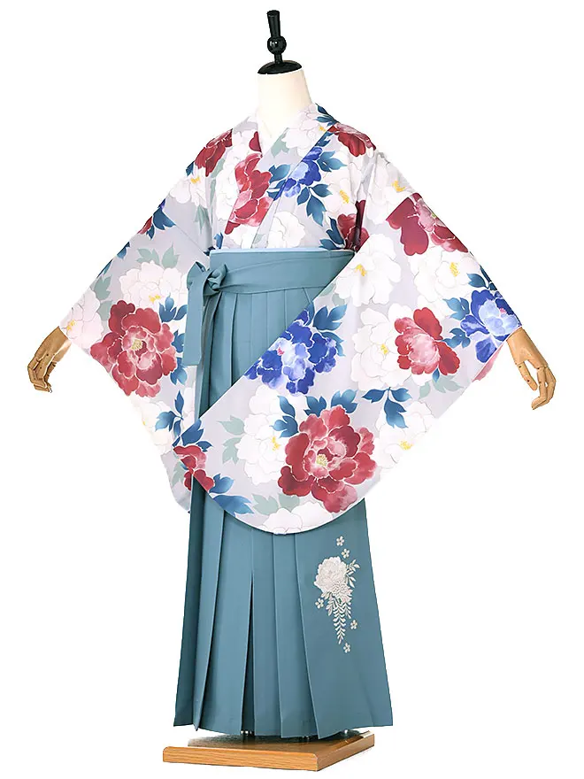 小学生卒業式かんたん袴(女の子) グレー牡丹 青グレー牡丹 008