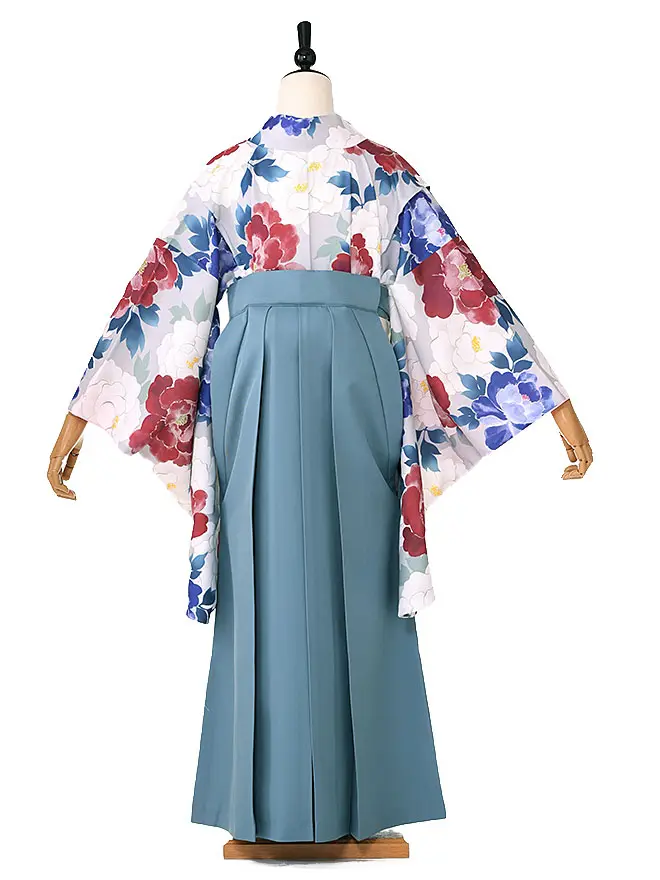 小学生卒業式かんたん袴(女の子) グレー牡丹 青グレー牡丹 008