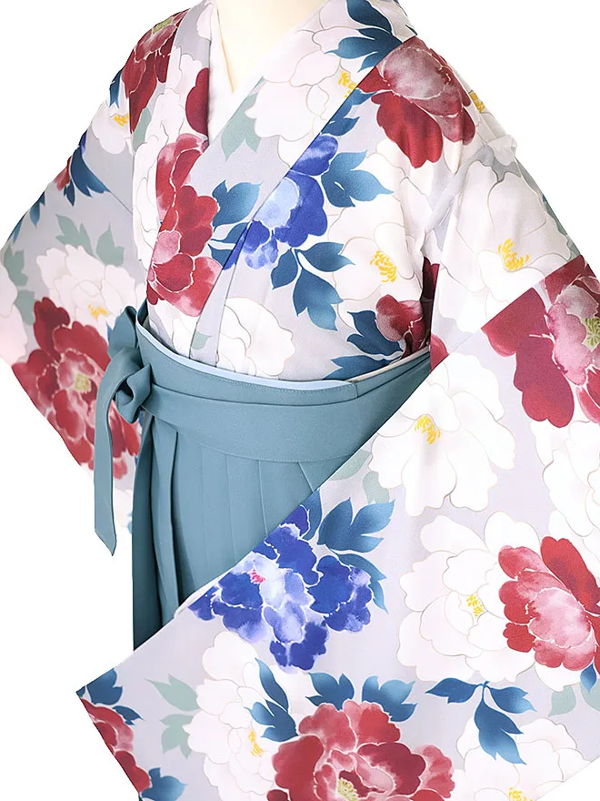 小学生卒業式かんたん袴(女の子) グレー牡丹 青グレー牡丹 008