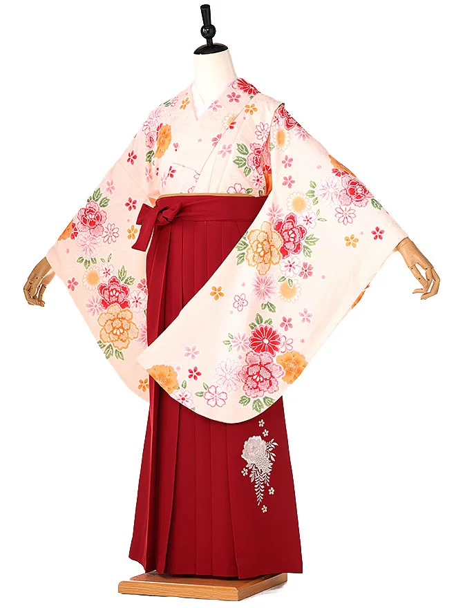 小学生卒業式かんたん袴(女の子) 黄菊牡丹 エンジ牡丹 010