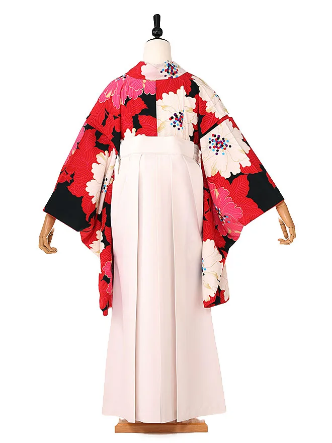 小学生卒業式かんたん袴(女の子) 黒地牡丹 ベージュ牡丹 011