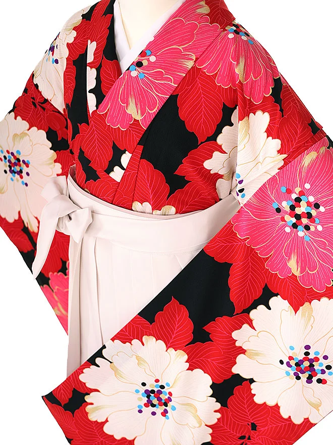 小学生卒業式かんたん袴(女の子) 黒地牡丹 ベージュ牡丹 011