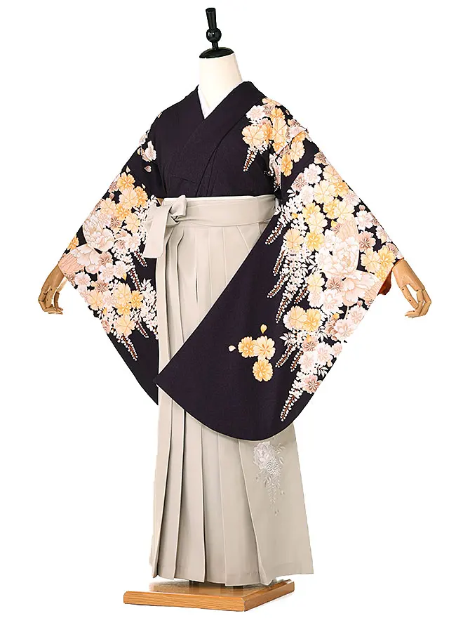 小学生卒業式かんたん袴(女の子) 紫地NICOLE ベージュ牡丹 012