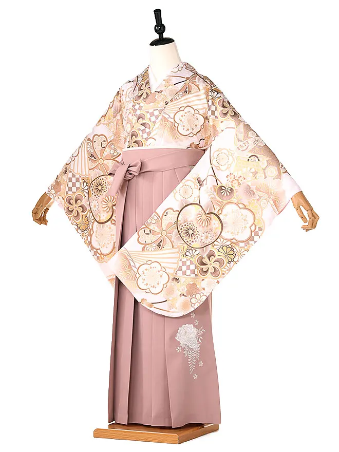 小学生卒業式かんたん袴(女の子) 白地古典ﾊｰﾄ ﾋﾟﾝｸ牡丹 015