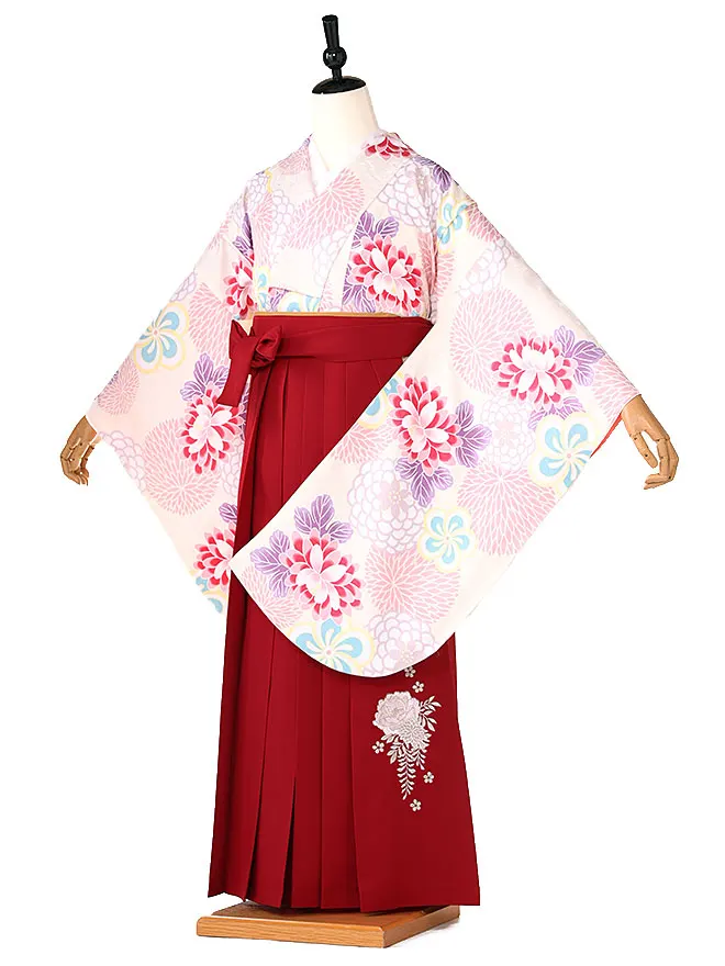 小学生卒業式かんたん袴(女の子) 黄菊牡丹 エンジ牡丹 018