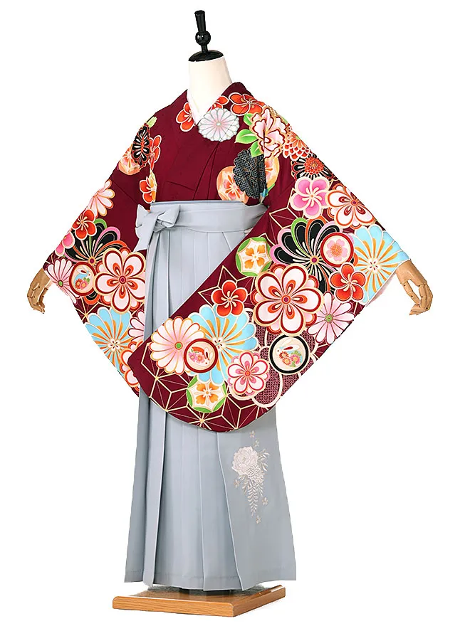 小学生卒業式かんたん袴(女の子) 赤紫地ねじり梅 グレー牡丹 019