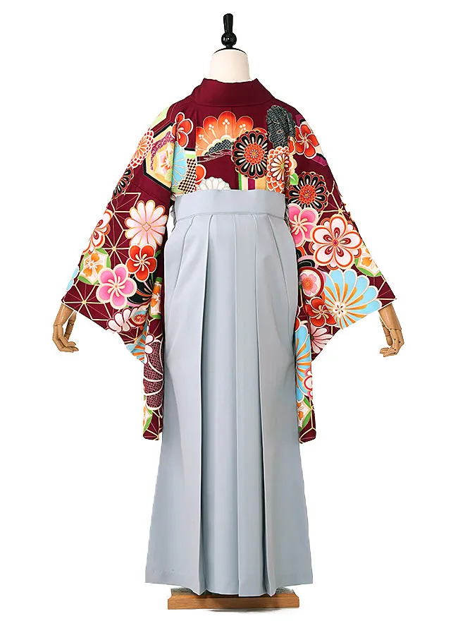 小学生卒業式かんたん袴(女の子) 赤紫地ねじり梅 グレー牡丹 019
