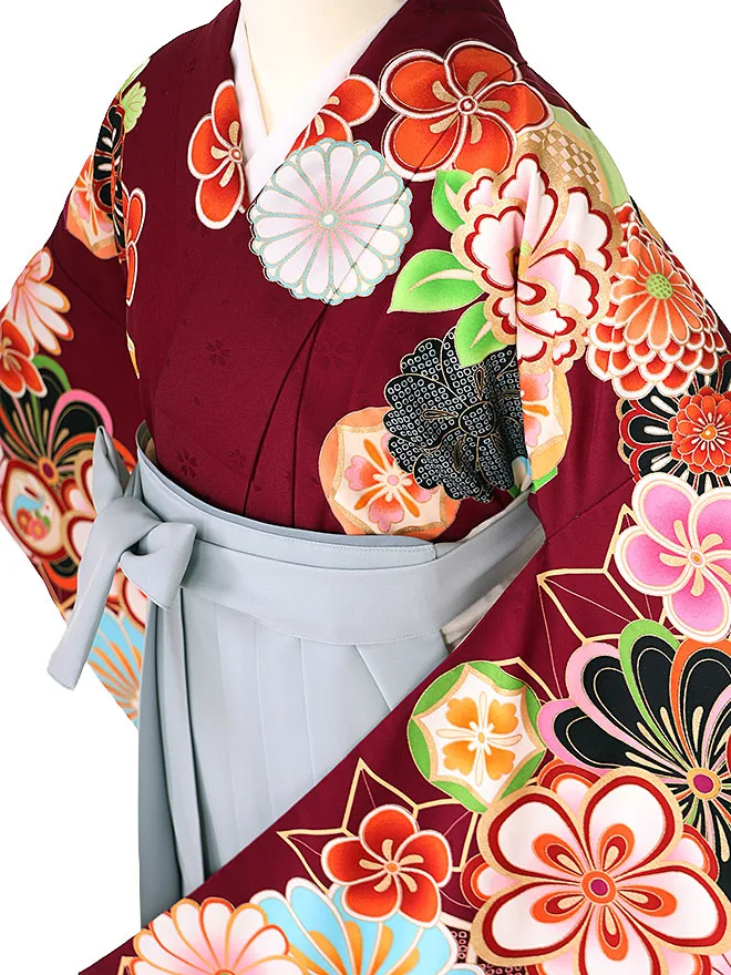 小学生卒業式かんたん袴(女の子) 赤紫地ねじり梅 グレー牡丹 019