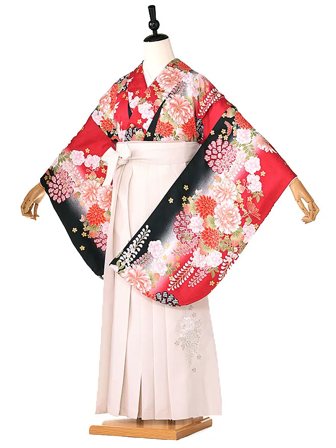 小学生卒業式かんたん袴(女の子)赤藤牡丹 ベージュ牡丹 020