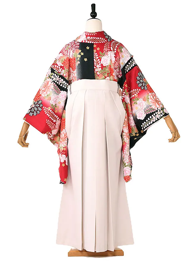 小学生卒業式かんたん袴(女の子)赤藤牡丹 ベージュ牡丹 020