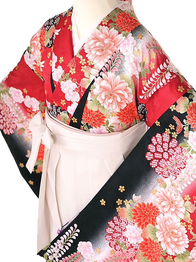 小学生卒業式かんたん袴(女の子)赤藤牡丹 ベージュ牡丹 020