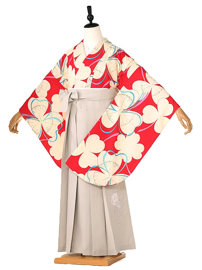 小学生卒業式かんたん袴(女の子)赤地三つ葉 ベージュ牡丹 022