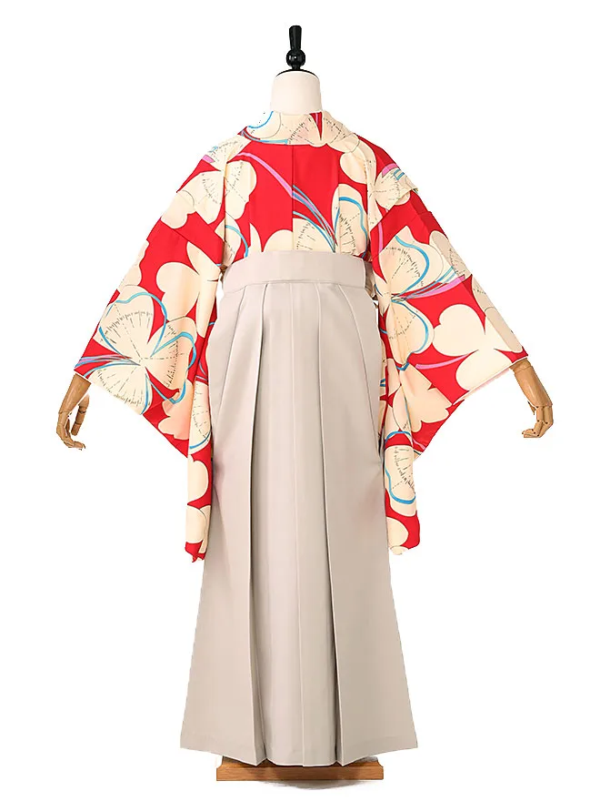 小学生卒業式かんたん袴(女の子)赤地三つ葉 ベージュ牡丹 022