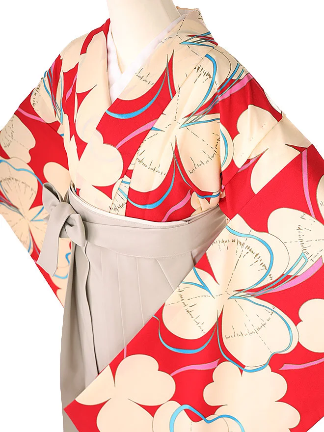 小学生卒業式かんたん袴(女の子)赤地三つ葉 ベージュ牡丹 022