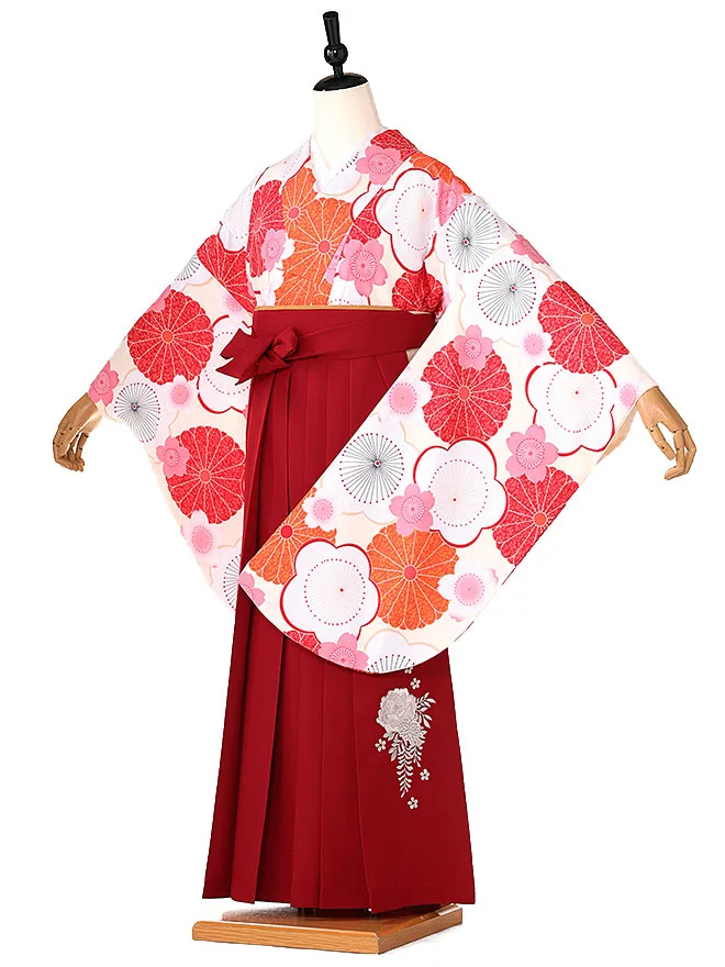 小学生卒業式かんたん袴(女の子) 白地菊桜 エンジ牡丹 023
