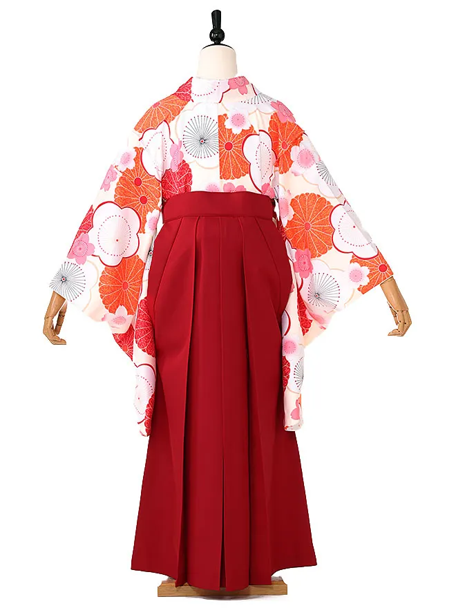 小学生卒業式かんたん袴(女の子) 白地菊桜 エンジ牡丹 023