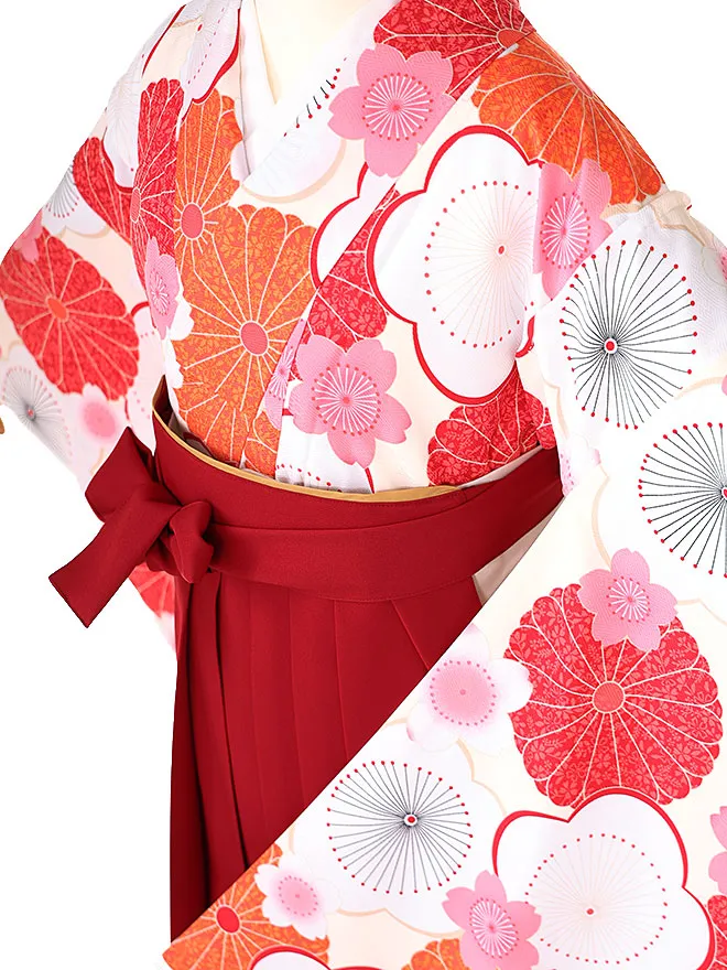 小学生卒業式かんたん袴(女の子) 白地菊桜 エンジ牡丹 023