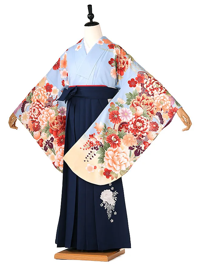 小学生卒業式かんたん袴(女の子) 水色地古典華づくし ﾈｲﾋﾞｰ牡丹 024
